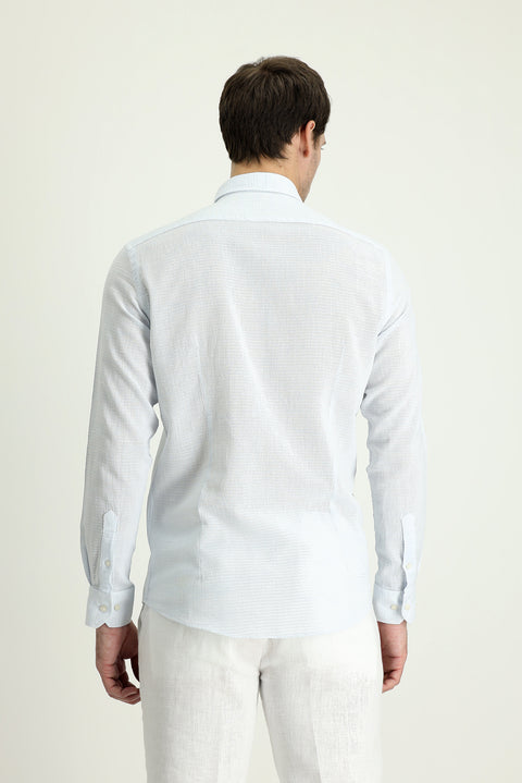 Light Blue Long Sleeve Slim Fit Narrow Cut Linen-Look Cotton Sport Button-Down Collar Shirt