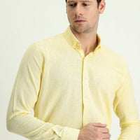 Light Yellow Long Sleeve Slim Fit Narrow Cut Linen-Look Cotton Sport Button-Down Collar Shirt
