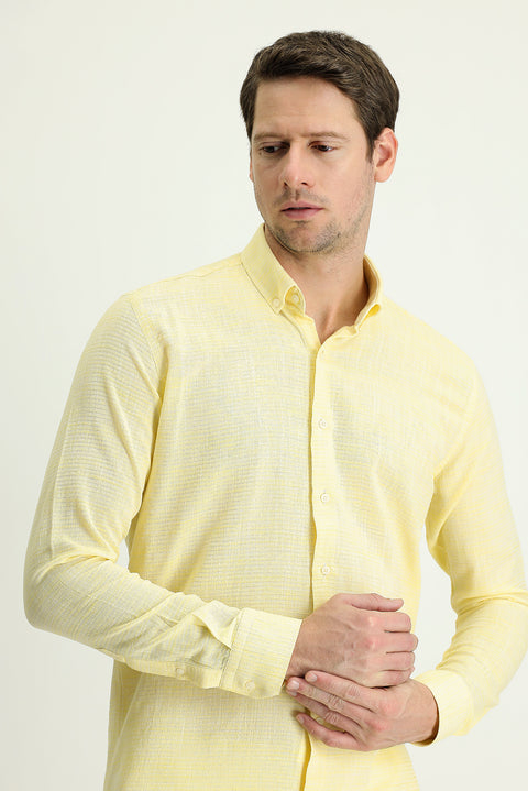 Light Yellow Long Sleeve Slim Fit Narrow Cut Linen-Look Cotton Sport Button-Down Collar Shirt