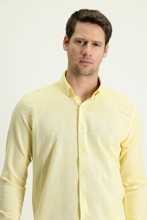 Light Yellow Long Sleeve Slim Fit Narrow Cut Linen-Look Cotton Sport Button-Down Collar Shirt