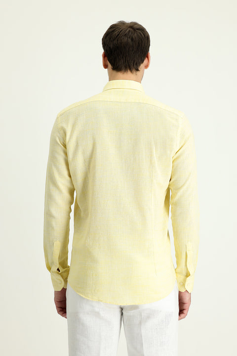 Light Yellow Long Sleeve Slim Fit Narrow Cut Linen-Look Cotton Sport Button-Down Collar Shirt