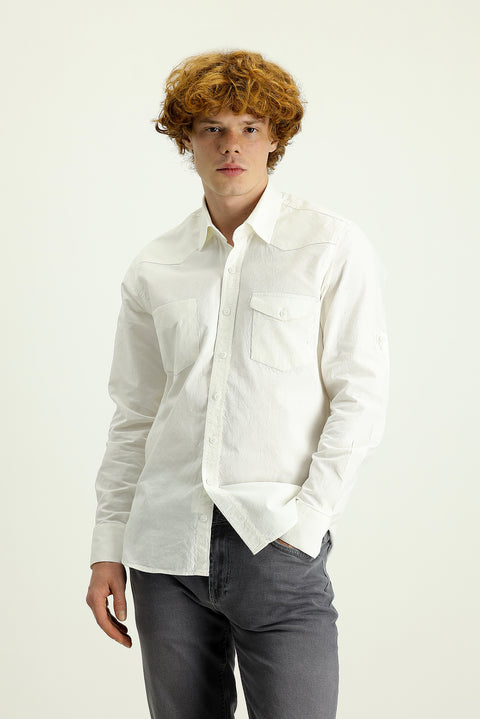 White Long Sleeve Slim Fit Narrow Cut Cotton Sports Shirt