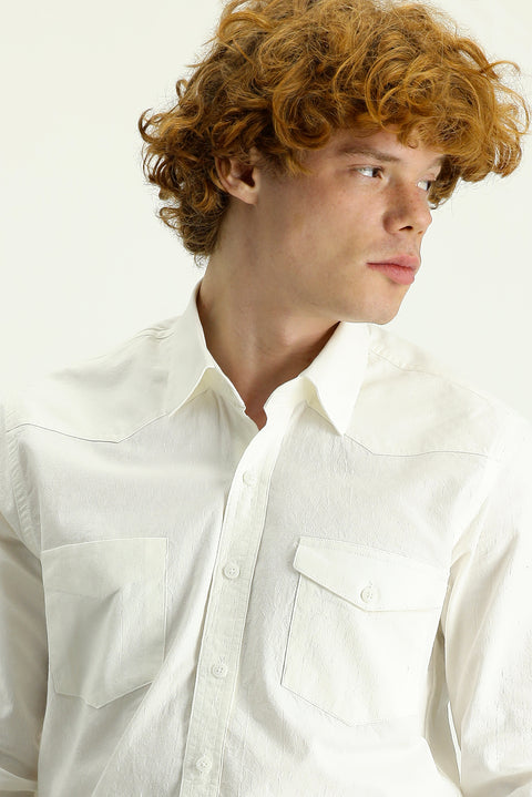 White Long Sleeve Slim Fit Narrow Cut Cotton Sports Shirt