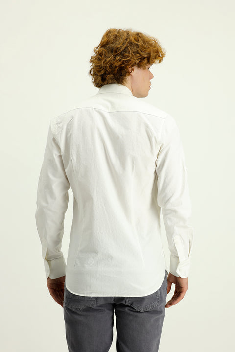 White Long Sleeve Slim Fit Narrow Cut Cotton Sports Shirt