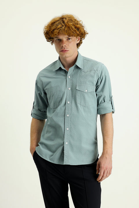 Light Green Long Sleeve Slim Fit Narrow Cut Cotton Sport Shirt