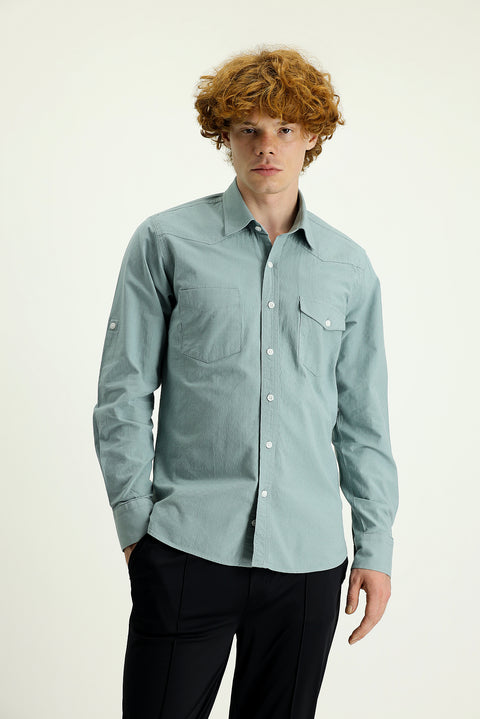 Light Green Long Sleeve Slim Fit Narrow Cut Cotton Sport Shirt