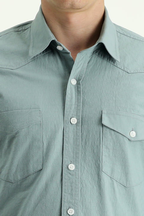 Light Green Long Sleeve Slim Fit Narrow Cut Cotton Sport Shirt