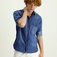 İndigo Uzun Kol Slim Fit Dar Kesim Denim Pamuk Gömlek
