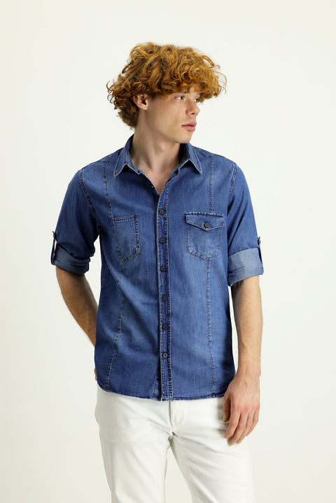 İndigo Uzun Kol Slim Fit Dar Kesim Denim Pamuk Gömlek