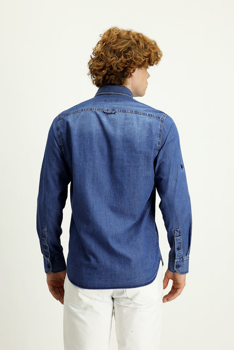 İndigo Uzun Kol Slim Fit Dar Kesim Denim Pamuk Gömlek