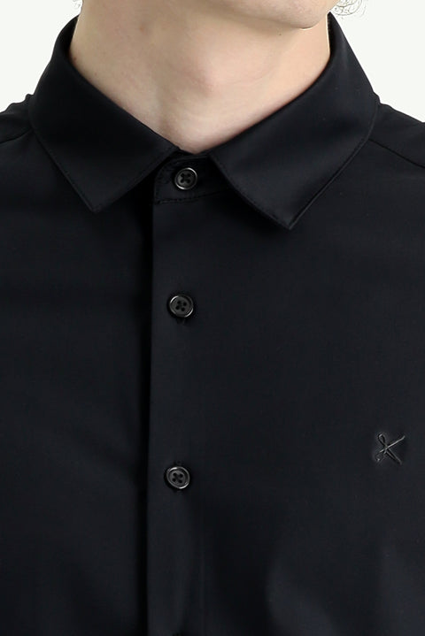 Siyah Techno-Line Uzun Kol Slim Fit Dar Kesim Örme Gömlek