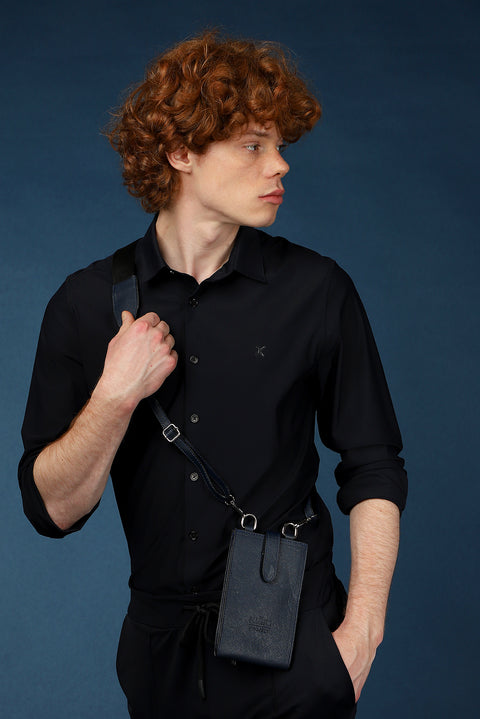 Koyu Lacivert Techno-Line Uzun Kol Slim Fit Dar Kesim Örme Gömlek
