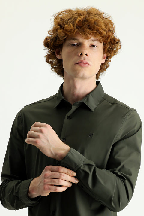 Medium Khaki Techno-Line Long Sleeve Slim Fit Knitted Shirt