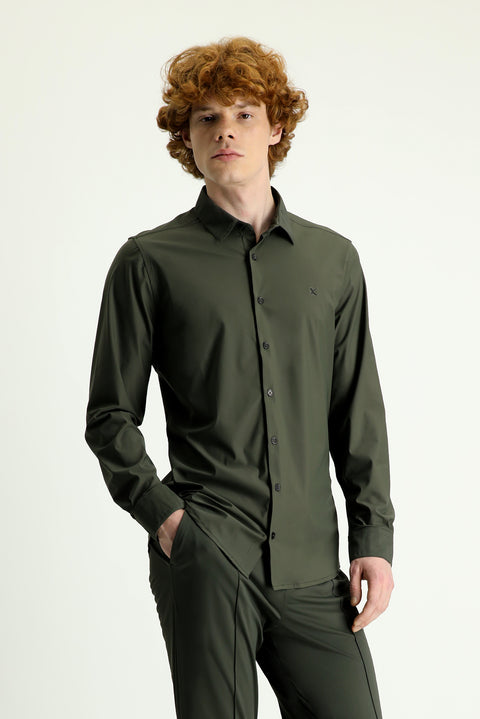 Medium Khaki Techno-Line Long Sleeve Slim Fit Knitted Shirt