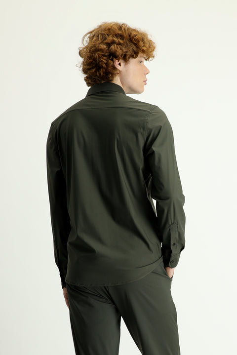 Medium Khaki Techno-Line Long Sleeve Slim Fit Knitted Shirt