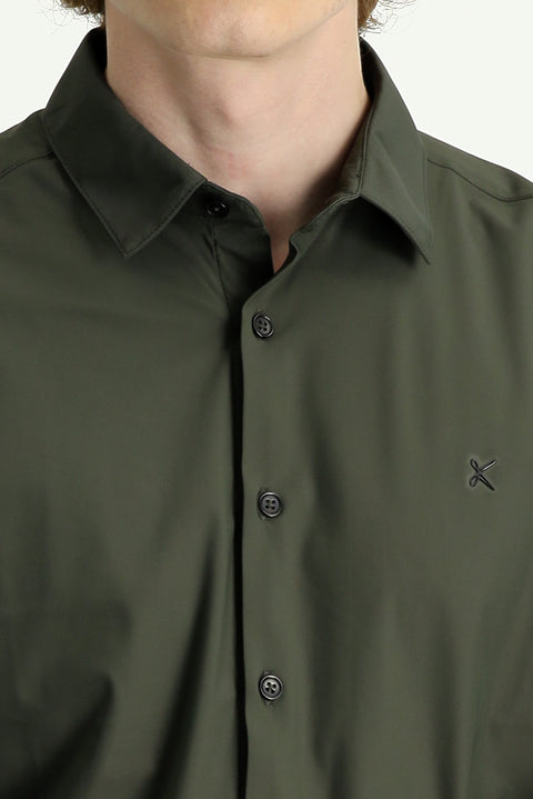 Medium Khaki Techno-Line Long Sleeve Slim Fit Knitted Shirt