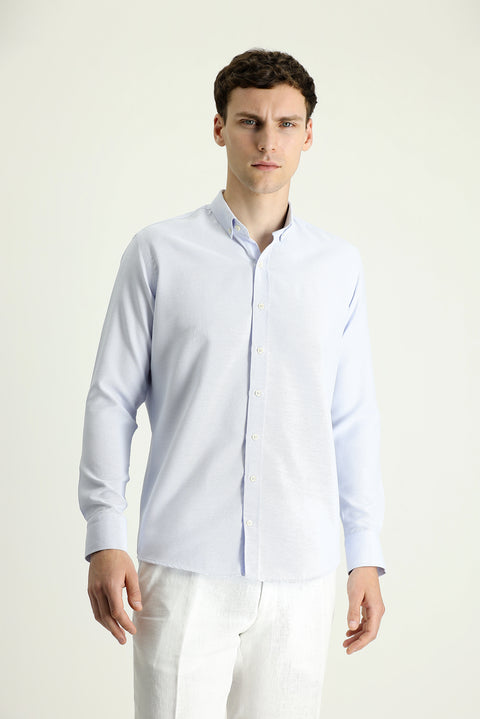 Light Blue Long Sleeve Slim Fit Narrow Cut Patterned Sporty Cotton Easy Iron Button-Down Collar Shirt