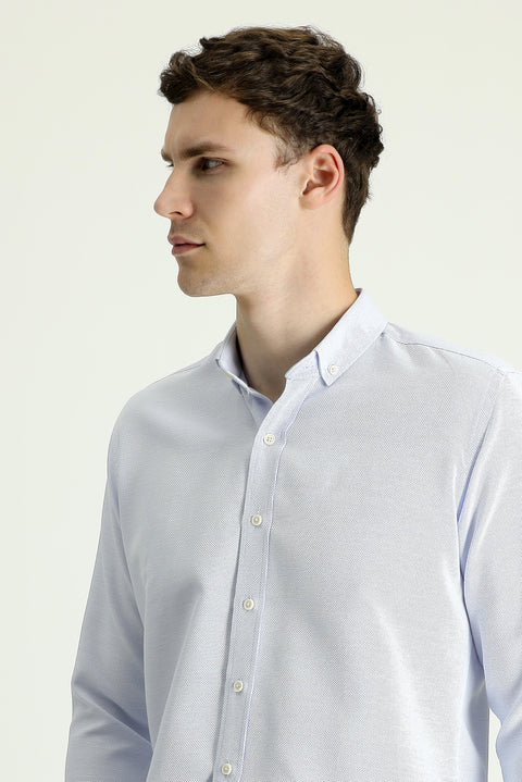 Light Blue Long Sleeve Slim Fit Narrow Cut Patterned Sporty Cotton Easy Iron Button-Down Collar Shirt