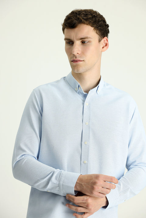 Aqua Blue Long Sleeve Slim Fit Narrow Cut Patterned Sporty Cotton Easy-Iron Button-Down Collar Shirt