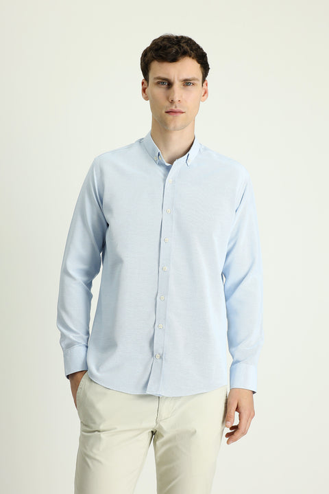Aqua Blue Long Sleeve Slim Fit Narrow Cut Patterned Sporty Cotton Easy-Iron Button-Down Collar Shirt