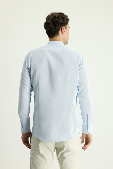 Aqua Blue Long Sleeve Slim Fit Narrow Cut Patterned Sporty Cotton Easy-Iron Button-Down Collar Shirt