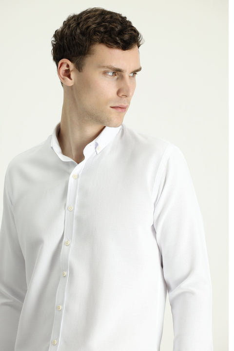 White Long Sleeve Slim Fit Narrow Cut Patterned Sporty Cotton Easy Iron Button-Down Collar Shirt