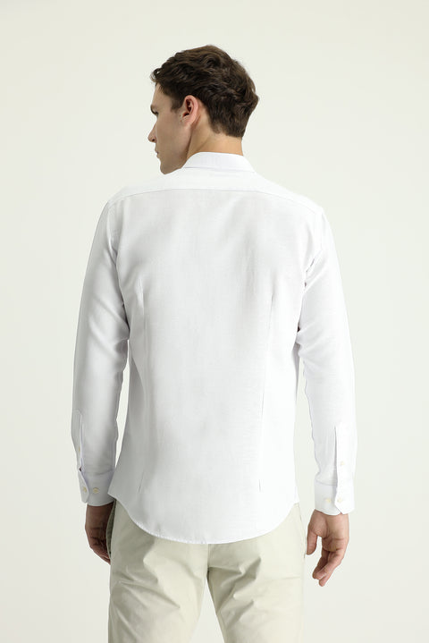 White Long Sleeve Slim Fit Narrow Cut Patterned Sporty Cotton Easy Iron Button-Down Collar Shirt