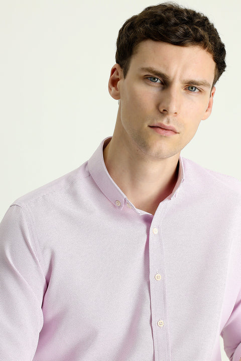 Lilac Long Sleeve Slim Fit Narrow Cut Patterned Sporty Cotton Easy Iron Button-Down Collar Shirt