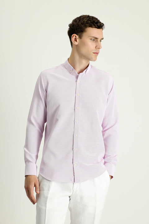 Lilac Long Sleeve Slim Fit Narrow Cut Patterned Sporty Cotton Easy Iron Button-Down Collar Shirt