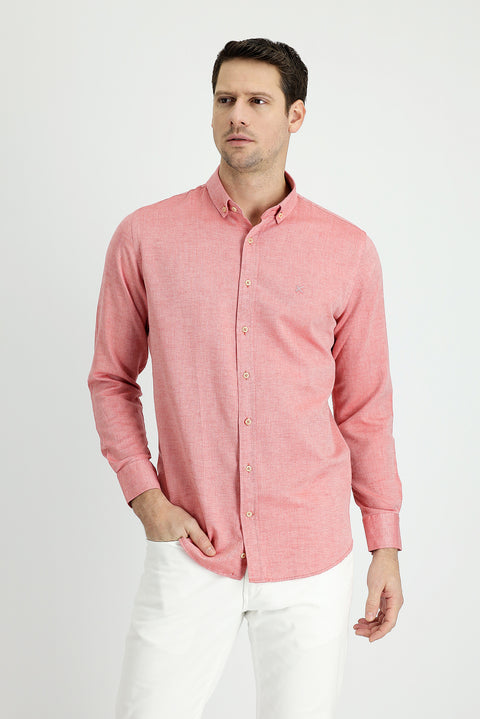 Coral Red Long Sleeve Slim Fit Narrow Cut Sport Shirt