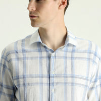 Light Blue Long Sleeve Slim Fit Narrow Cut Plaid Linen Blend Shirt