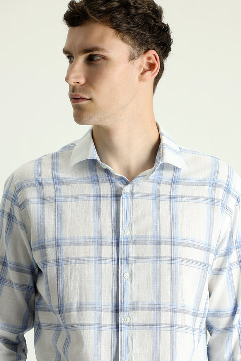 Light Blue Long Sleeve Slim Fit Narrow Cut Plaid Linen Blend Shirt