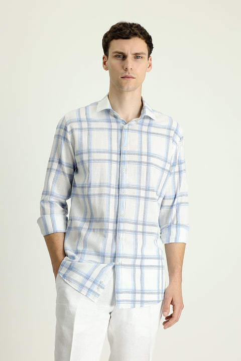 Light Blue Long Sleeve Slim Fit Narrow Cut Plaid Linen Blend Shirt
