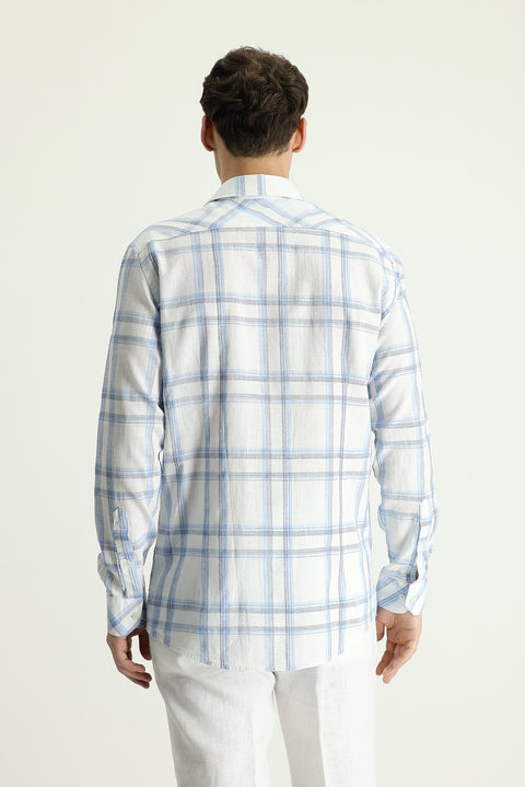 Light Blue Long Sleeve Slim Fit Narrow Cut Plaid Linen Blend Shirt
