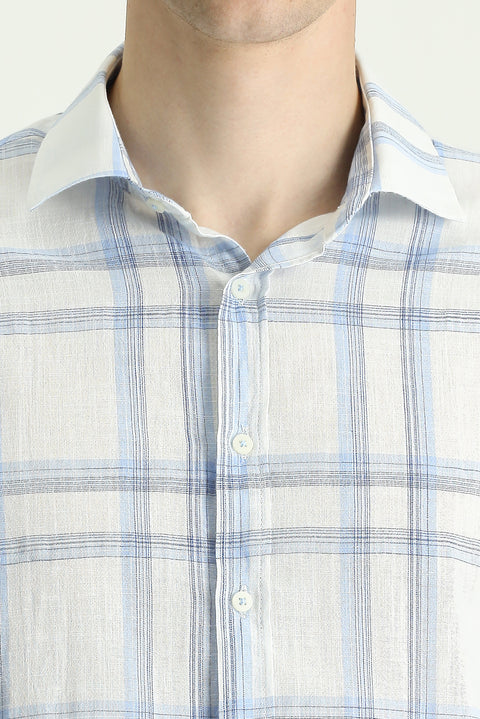 Light Blue Long Sleeve Slim Fit Narrow Cut Plaid Linen Blend Shirt