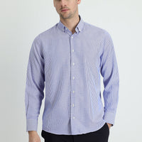 Light Navy Long Sleeve Regular Fit Striped Cotton Shirt