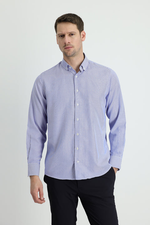 Light Navy Long Sleeve Regular Fit Striped Cotton Shirt