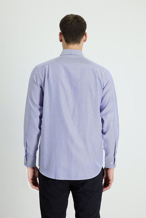 Light Navy Long Sleeve Regular Fit Striped Cotton Shirt