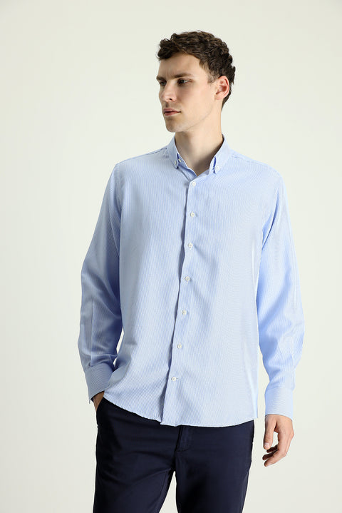 Sky Blue Long Sleeve Regular Fit Striped Cotton Shirt