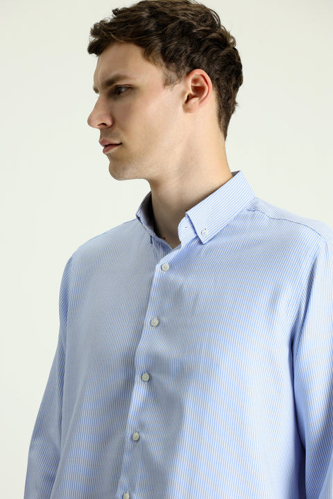 Sky Blue Long Sleeve Regular Fit Striped Cotton Shirt