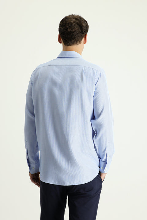 Sky Blue Long Sleeve Regular Fit Striped Cotton Shirt
