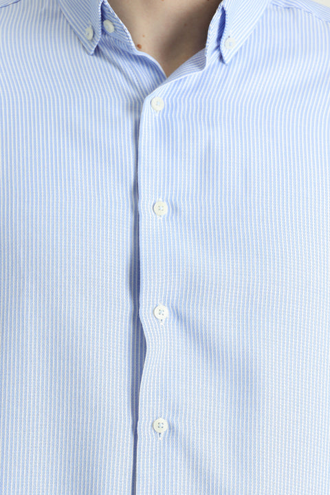 Sky Blue Long Sleeve Regular Fit Striped Cotton Shirt