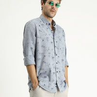 Light Navy Long Sleeve Regular Fit Patterned Cotton Sport Shirt