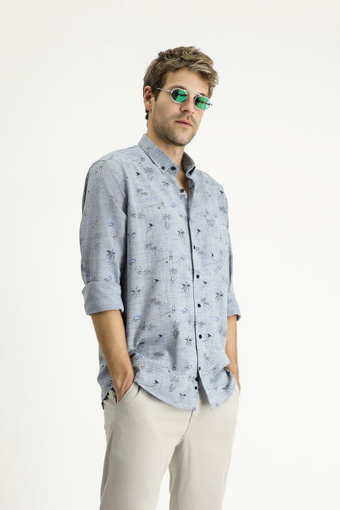Light Navy Long Sleeve Regular Fit Patterned Cotton Sport Shirt