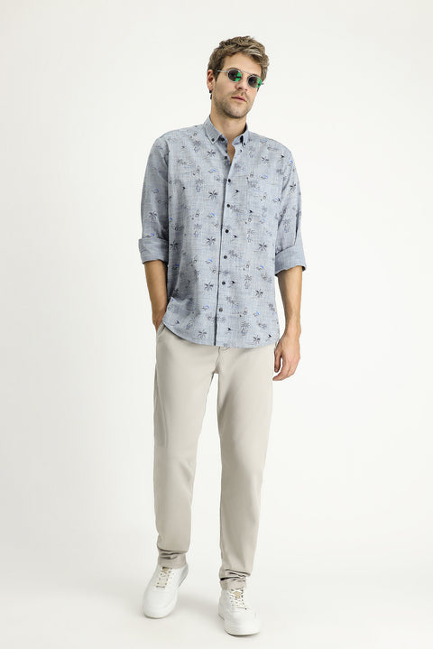 Light Navy Long Sleeve Regular Fit Patterned Cotton Sport Shirt