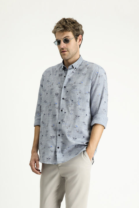Light Navy Long Sleeve Regular Fit Patterned Cotton Sport Shirt