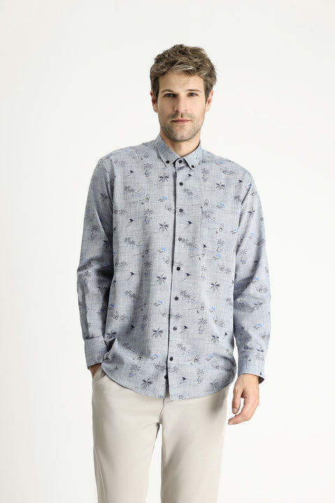 Light Navy Long Sleeve Regular Fit Patterned Cotton Sport Shirt