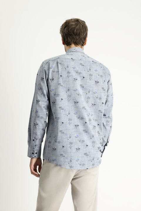 Light Navy Long Sleeve Regular Fit Patterned Cotton Sport Shirt