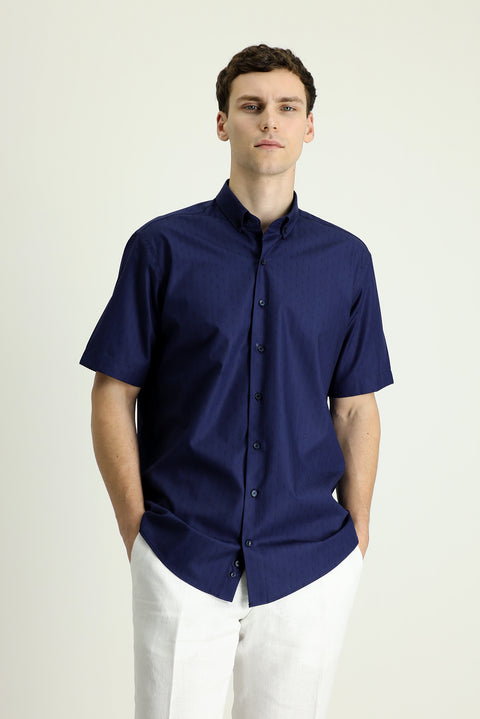 Dark Navy Short Sleeve Regular Fit Patterned Cotton Shirt