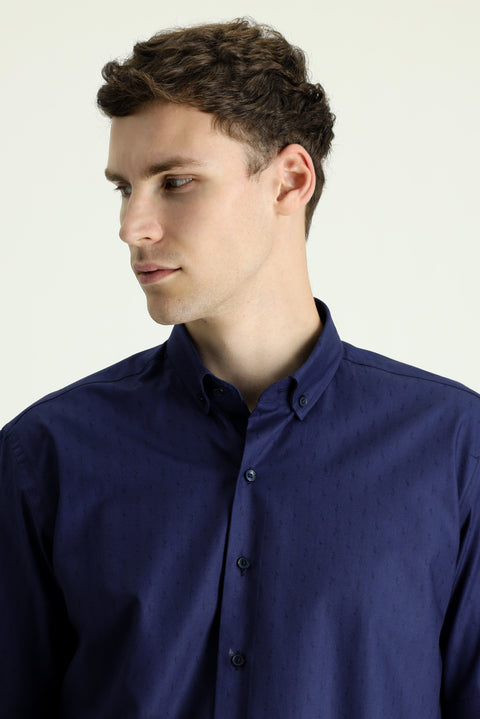 Dark Navy Short Sleeve Regular Fit Patterned Cotton Shirt